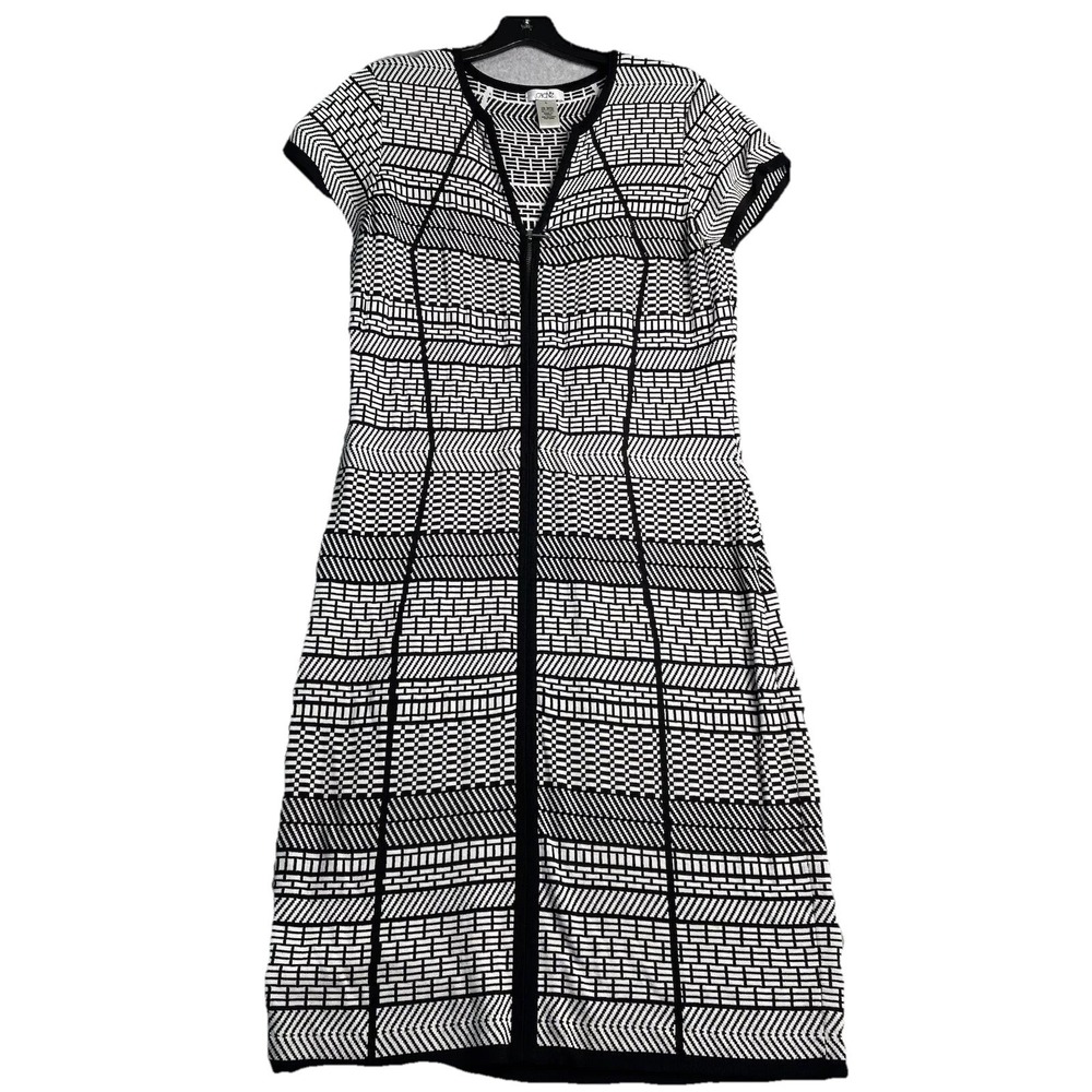 Cache Short Sleeve Geometric Dress Women's XL Full Zip Black White Stretch READ
